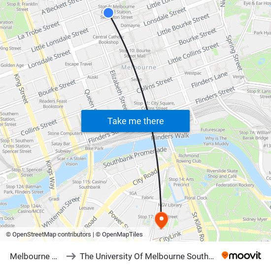 Melbourne Central to The University Of Melbourne Southbank Campus map