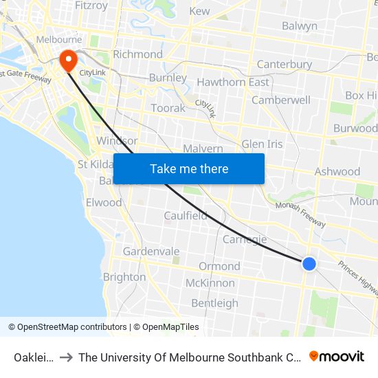 Oakleigh to The University Of Melbourne Southbank Campus map