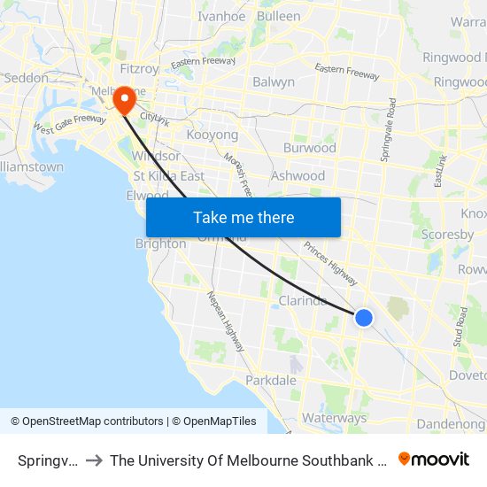 Springvale to The University Of Melbourne Southbank Campus map