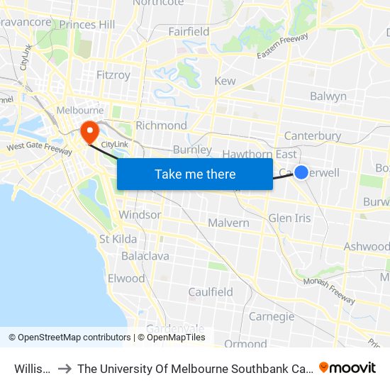 Willison to The University Of Melbourne Southbank Campus map