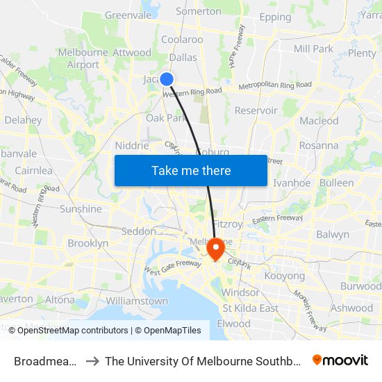 Broadmeadows to The University Of Melbourne Southbank Campus map