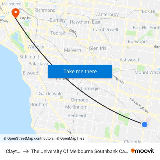 Clayton to The University Of Melbourne Southbank Campus map