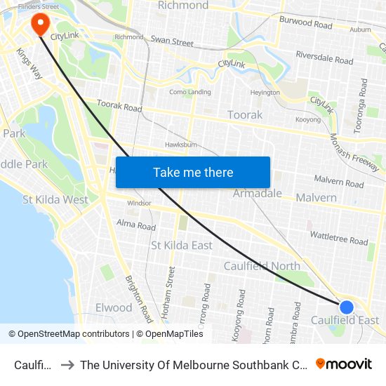 Caulfield to The University Of Melbourne Southbank Campus map