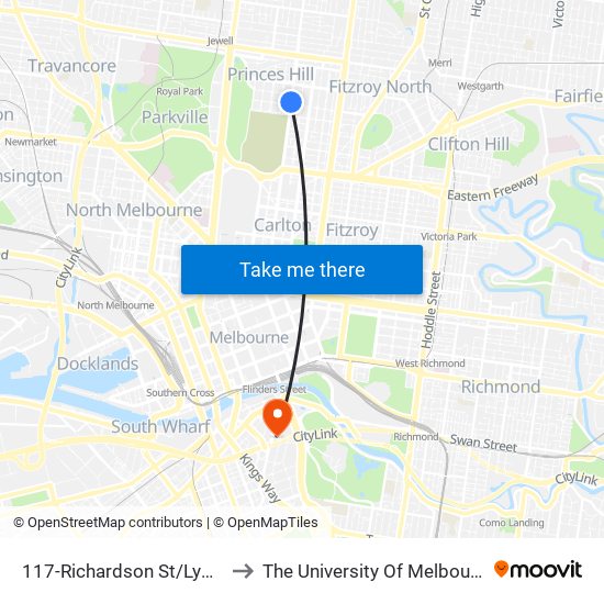 117-Richardson St/Lygon St (Carlton North) to The University Of Melbourne Southbank Campus map