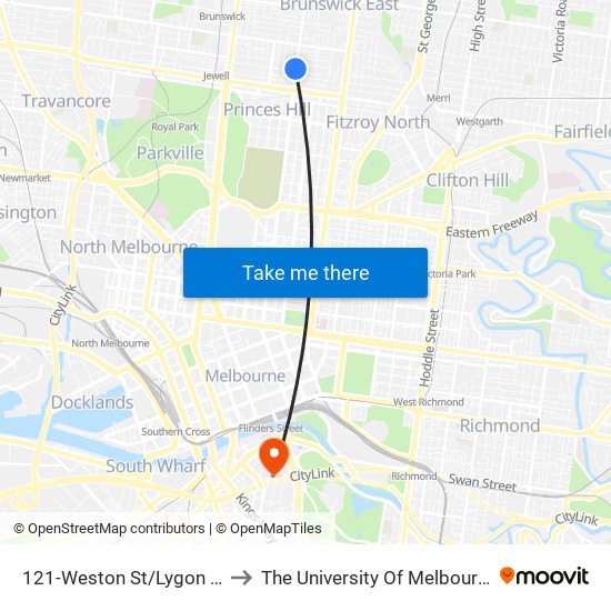 121-Weston St/Lygon St (Brunswick East) to The University Of Melbourne Southbank Campus map