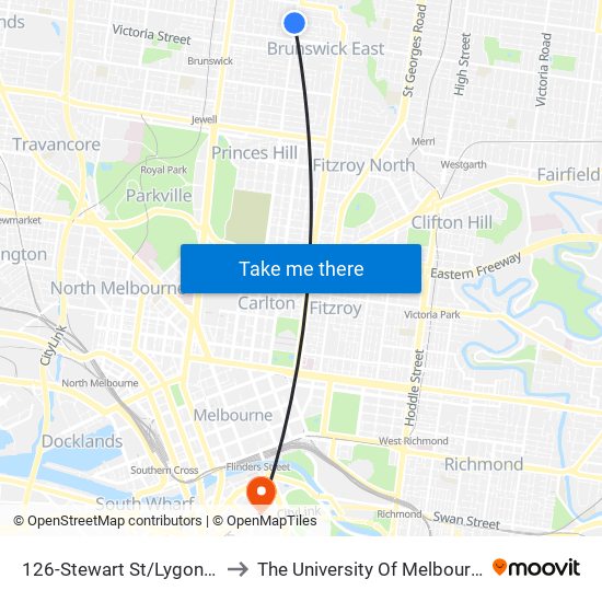 126-Stewart St/Lygon St (Brunswick East) to The University Of Melbourne Southbank Campus map