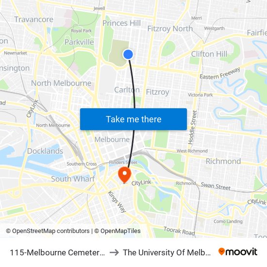 115-Melbourne Cemetery/Lygon St (Carlton North) to The University Of Melbourne Southbank Campus map