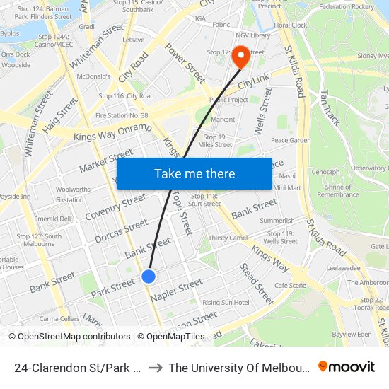 24-Clarendon St/Park St (South Melbourne) to The University Of Melbourne Southbank Campus map