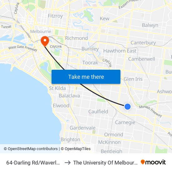 64-Darling Rd/Waverley Rd (Malvern East) to The University Of Melbourne Southbank Campus map