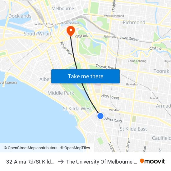 32-Alma Rd/St Kilda Rd (St Kilda) to The University Of Melbourne Southbank Campus map