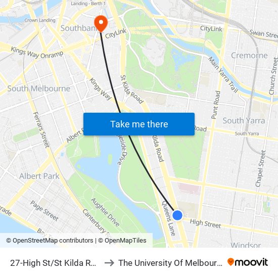 27-High St/St Kilda Rd (South Melbourne) to The University Of Melbourne Southbank Campus map
