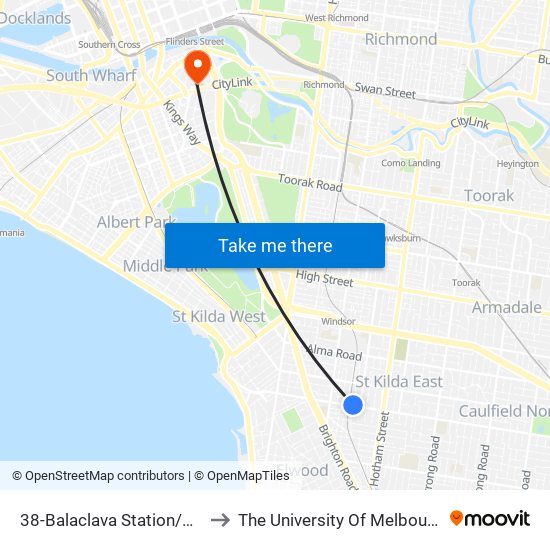 38-Balaclava Station/Carlisle St (Balaclava) to The University Of Melbourne Southbank Campus map