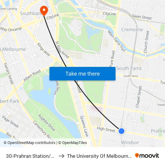 30-Prahran Station/High St (Prahran) to The University Of Melbourne Southbank Campus map
