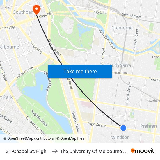 31-Chapel St/High St (Prahran) to The University Of Melbourne Southbank Campus map