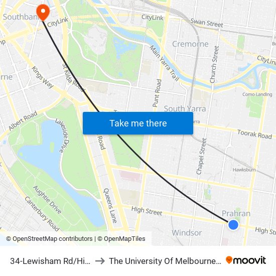 34-Lewisham Rd/High St (Prahran) to The University Of Melbourne Southbank Campus map