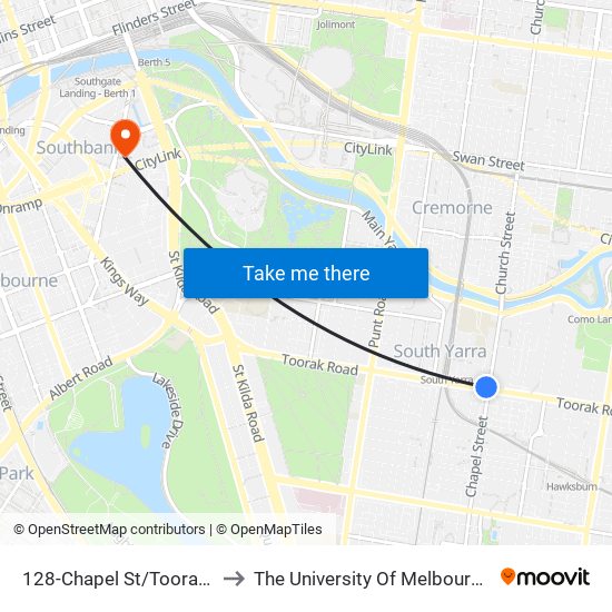 128-Chapel St/Toorak Rd (South Yarra) to The University Of Melbourne Southbank Campus map