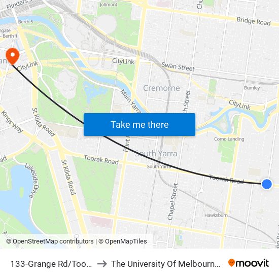 133-Grange Rd/Toorak Rd (Toorak) to The University Of Melbourne Southbank Campus map
