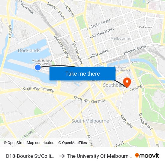 D18-Bourke St/Collins St (Docklands) to The University Of Melbourne Southbank Campus map