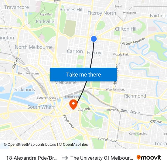 18-Alexandra Pde/Brunswick St (Fitzroy) to The University Of Melbourne Southbank Campus map