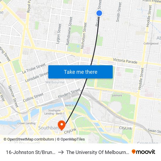 16-Johnston St/Brunswick St (Fitzroy) to The University Of Melbourne Southbank Campus map