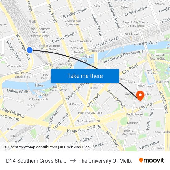 D14-Southern Cross Station/Collins St (Docklands) to The University Of Melbourne Southbank Campus map