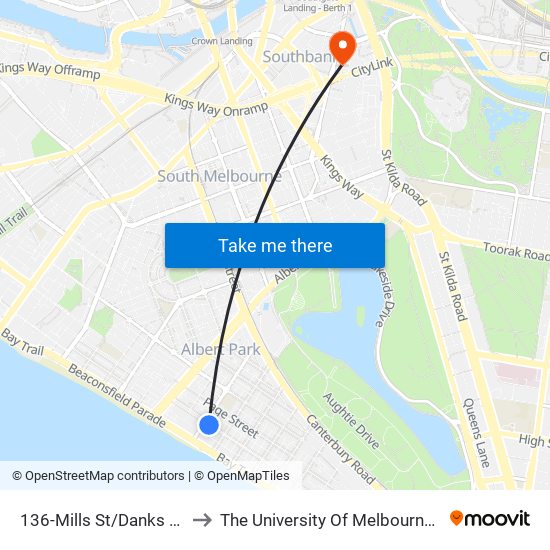 136-Mills St/Danks St (Middle Park) to The University Of Melbourne Southbank Campus map