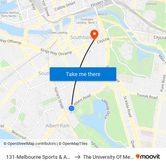 131-Melbourne Sports & Aquatic Centre/Albert Rd (Albert Park) to The University Of Melbourne Southbank Campus map