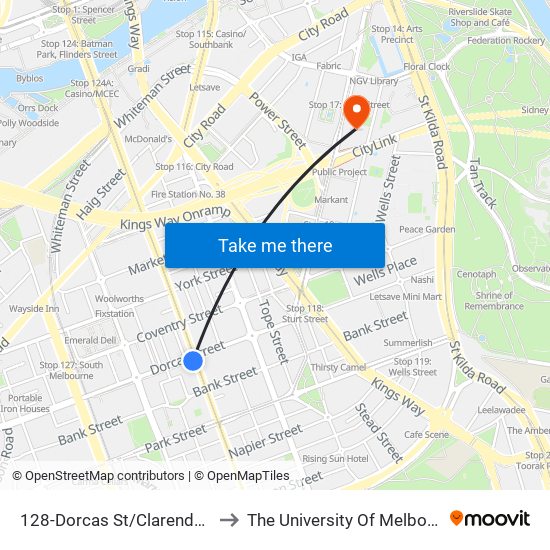 128-Dorcas St/Clarendon St (South Melbourne) to The University Of Melbourne Southbank Campus map