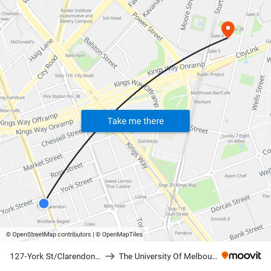 127-York St/Clarendon St (South Melbourne) to The University Of Melbourne Southbank Campus map