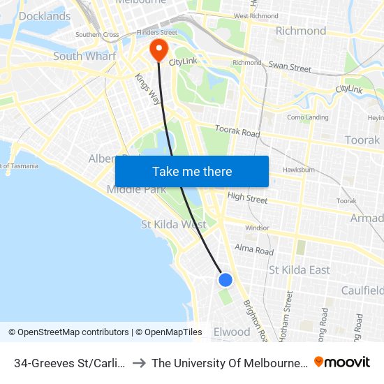 34-Greeves St/Carlisle St (St Kilda) to The University Of Melbourne Southbank Campus map