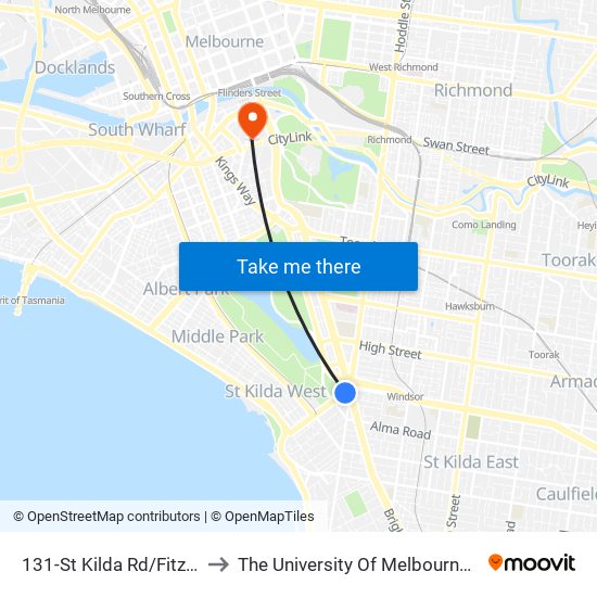 131-St Kilda Rd/Fitzroy St (St Kilda) to The University Of Melbourne Southbank Campus map