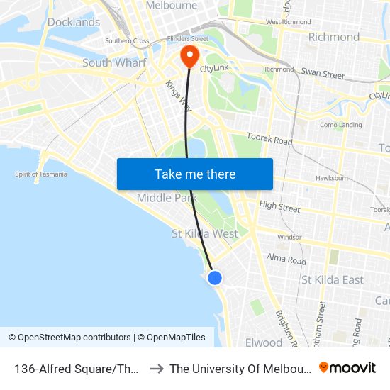 136-Alfred Square/The Esplanade (St Kilda) to The University Of Melbourne Southbank Campus map
