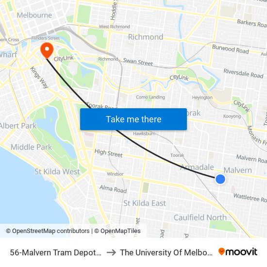 56-Malvern Tram Depot/Glenferrie Rd (Malvern) to The University Of Melbourne Southbank Campus map