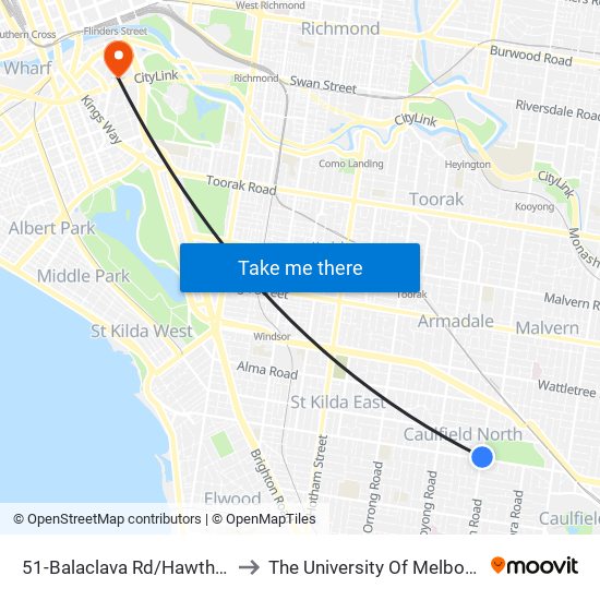 51-Balaclava Rd/Hawthorn Rd (Caulfield North) to The University Of Melbourne Southbank Campus map