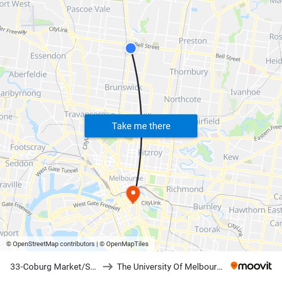 33-Coburg Market/Sydney Rd (Coburg) to The University Of Melbourne Southbank Campus map