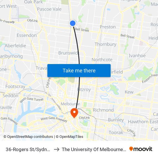 36-Rogers St/Sydney Rd (Coburg) to The University Of Melbourne Southbank Campus map