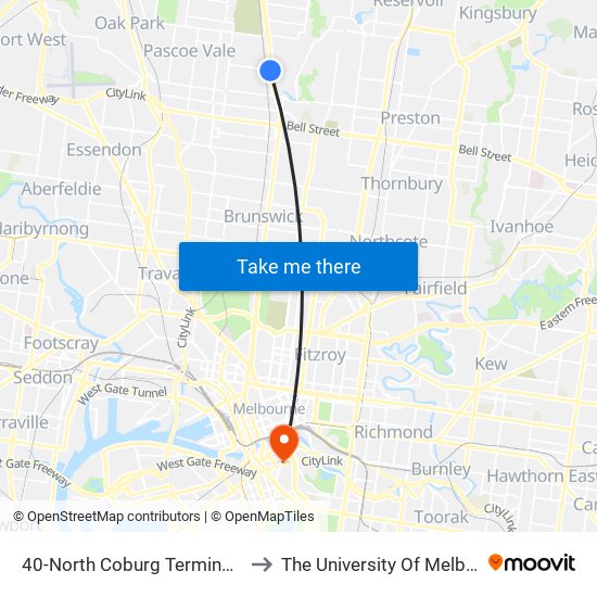 40-North Coburg Terminus/Sydney Rd (Coburg North) to The University Of Melbourne Southbank Campus map