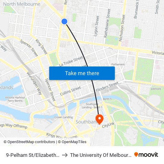 9-Pelham St/Elizabeth St (Melbourne City) to The University Of Melbourne Southbank Campus map