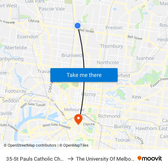 35-St Pauls Catholic Church/Sydney Rd (Coburg) to The University Of Melbourne Southbank Campus map