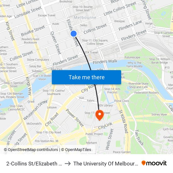 2-Collins St/Elizabeth St (Melbourne City) to The University Of Melbourne Southbank Campus map