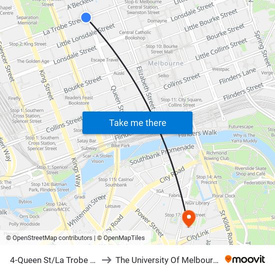 4-Queen St/La Trobe St (Melbourne City) to The University Of Melbourne Southbank Campus map