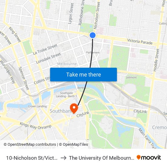 10-Nicholson St/Victoria Pde (Carlton) to The University Of Melbourne Southbank Campus map