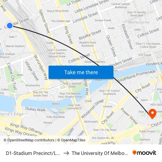 D1-Stadium Precinct/La Trobe St (Docklands) to The University Of Melbourne Southbank Campus map