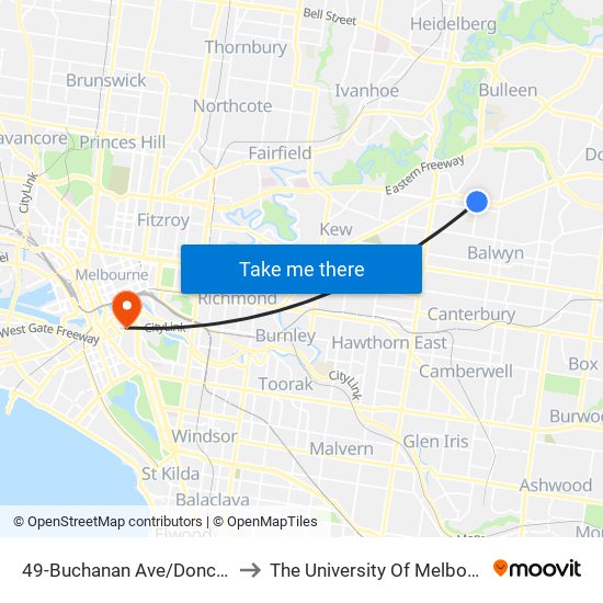 49-Buchanan Ave/Doncaster Rd (Balwyn North) to The University Of Melbourne Southbank Campus map