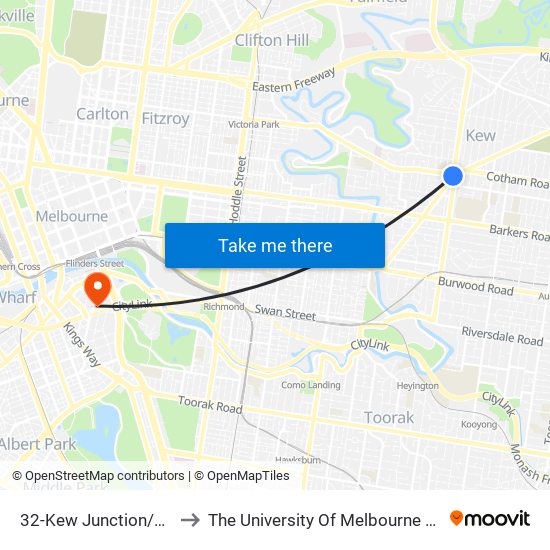 32-Kew Junction/High St (Kew) to The University Of Melbourne Southbank Campus map