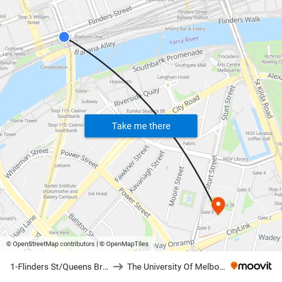 1-Flinders St/Queens Bridge St (Melbourne City) to The University Of Melbourne Southbank Campus map
