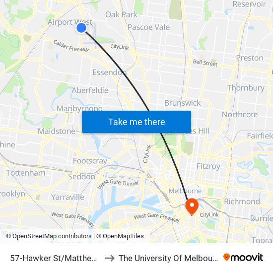 57-Hawker St/Matthews Ave (Airport West) to The University Of Melbourne Southbank Campus map