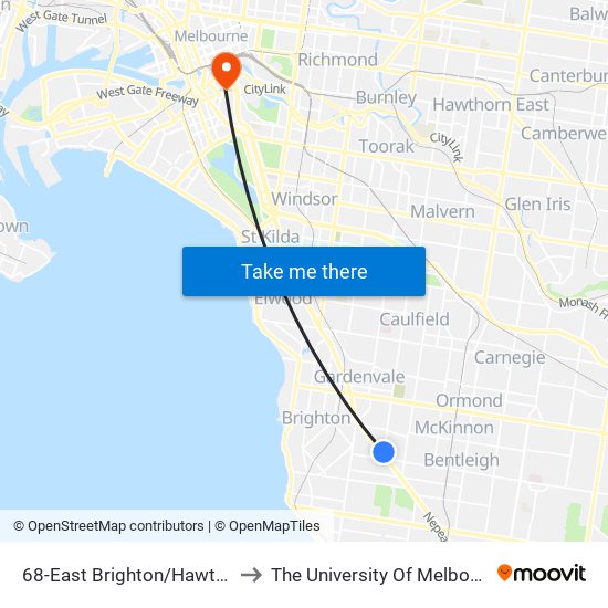 68-East Brighton/Hawthorn Rd (Brighton East) to The University Of Melbourne Southbank Campus map