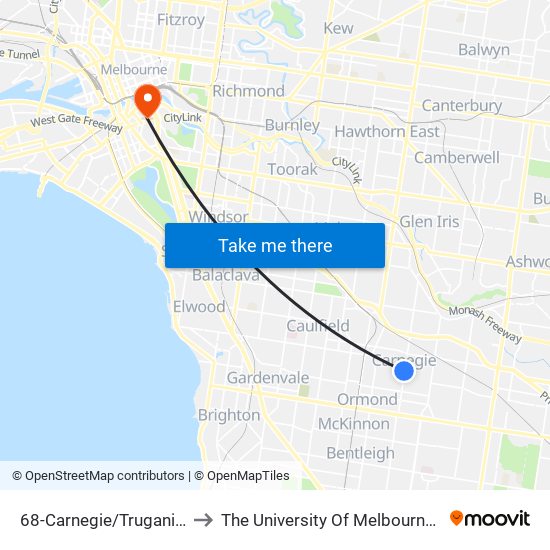 68-Carnegie/Truganini Rd (Carnegie) to The University Of Melbourne Southbank Campus map