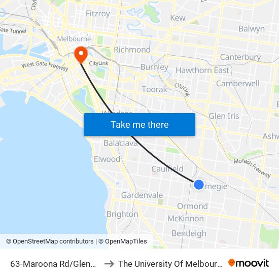 63-Maroona Rd/Glenhuntly Rd (Carnegie) to The University Of Melbourne Southbank Campus map